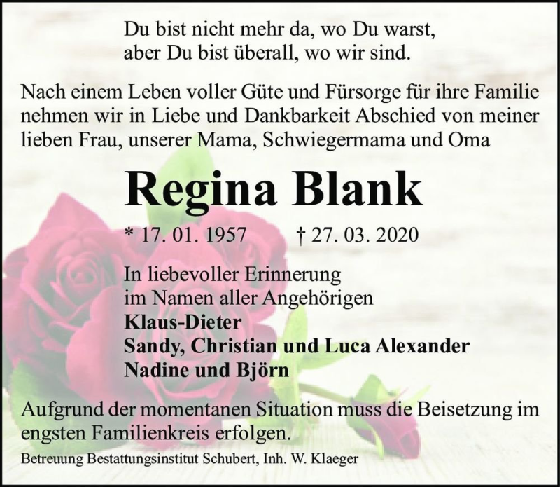  Traueranzeige für Regina Blank  vom 04.04.2020 aus Magdeburger Volksstimme