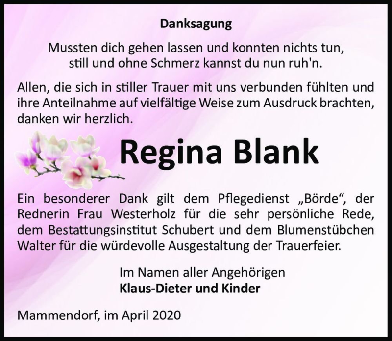  Traueranzeige für Regina Blank  vom 18.04.2020 aus Magdeburger Volksstimme