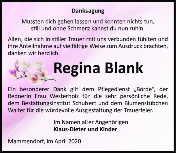 Traueranzeige von Regina Blank  von Magdeburger Volksstimme
