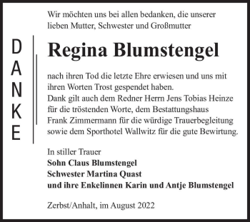 Traueranzeige von Regina Blumstengel  von Magdeburger Volksstimme