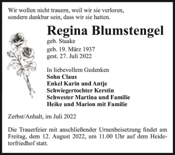 Traueranzeige von Regina Blumstengel (geb. Staake)  von Magdeburger Volksstimme