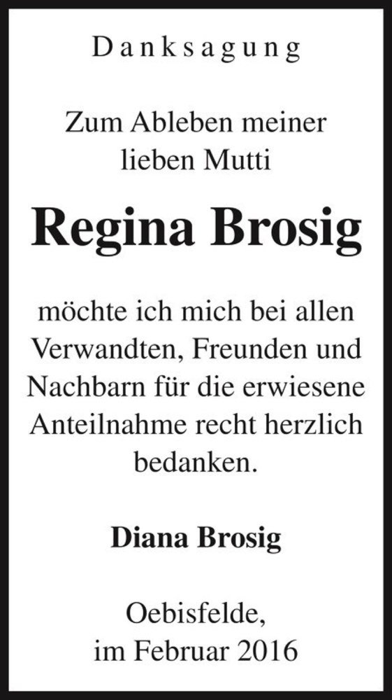  Traueranzeige für Regina Brosig  vom 12.02.2016 aus Magdeburger Volksstimme