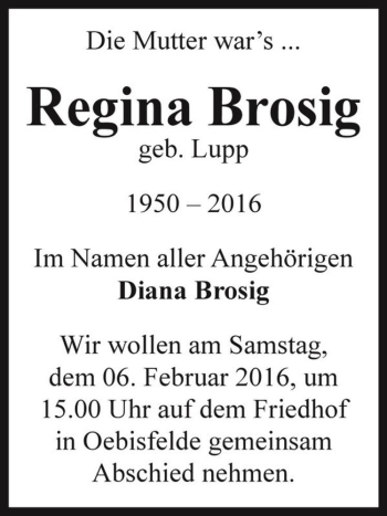 Traueranzeige von Regina Brosig (geb. Lupp)  von Magdeburger Volksstimme