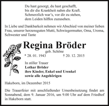 Traueranzeige von Regina Bröder (geb. Schöne)  von Magdeburger Volksstimme