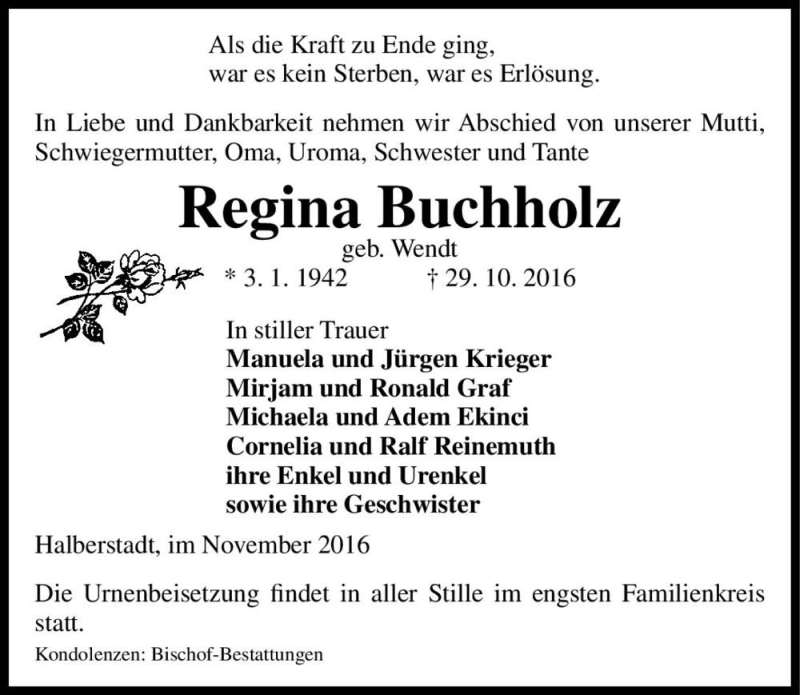  Traueranzeige für Regina Buchholz (geb. Wendt)  vom 05.11.2016 aus Magdeburger Volksstimme