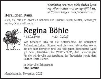 Traueranzeige von Regina Böhle  von Magdeburger Volksstimme