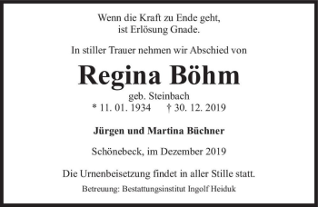 Traueranzeige von Regina Böhm (geb. Steinbach)  von Magdeburger Volksstimme