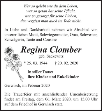 Traueranzeige von Regina Ciomber (geb. Sackewitz)  von Magdeburger Volksstimme