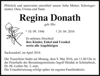 Traueranzeige von Regina Donath (geb. Hix)  von Magdeburger Volksstimme