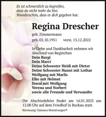 Traueranzeige von Regina Drescher (geb. Zimmermann)  von Magdeburger Volksstimme