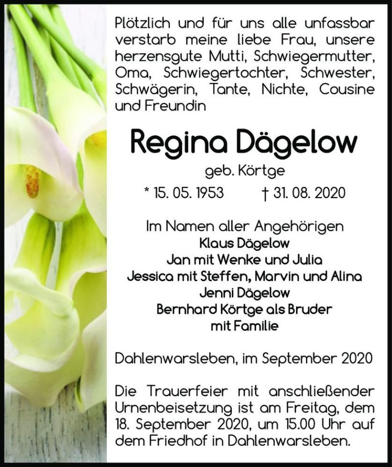  Traueranzeige für Regina Dägelow (geb. Körtge)  vom 05.09.2020 aus Magdeburger Volksstimme
