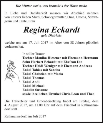 Traueranzeige von Regina Eckardt (geb. Dietrichs)  von Magdeburger Volksstimme