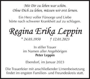 Traueranzeige von Regina Erika Leppin  von Magdeburger Volksstimme