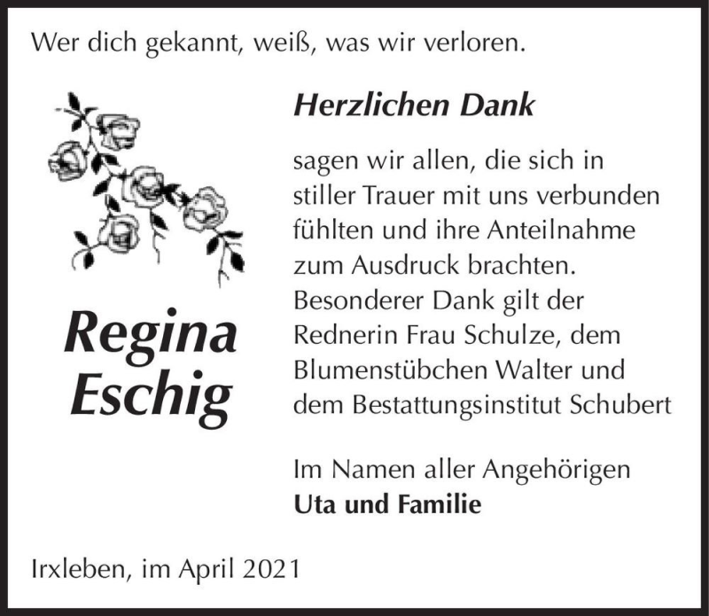  Traueranzeige für Regina Eschig  vom 10.04.2021 aus Magdeburger Volksstimme
