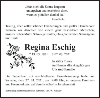 Traueranzeige von Regina Eschig  von Magdeburger Volksstimme