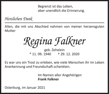 Traueranzeige von Regina Falkner (geb. Zehelein)  von Magdeburger Volksstimme