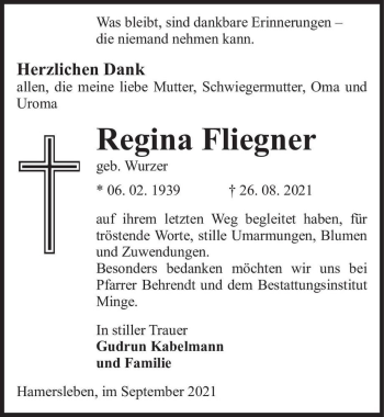 Traueranzeige von Regina Fliegner (geb. Wurzer)  von Magdeburger Volksstimme