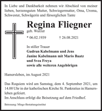 Traueranzeige von Regina Fliegner (geb. Wurzer)  von Magdeburger Volksstimme