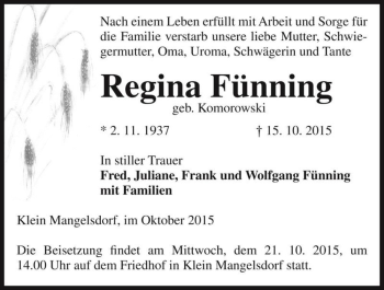 Traueranzeige von Regina Fünning (geb. Komorowski)  von Magdeburger Volksstimme