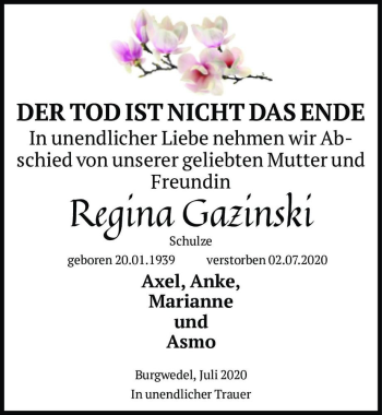 Traueranzeige von Regina Gazinski (geb. Schulze)  von Magdeburger Volksstimme