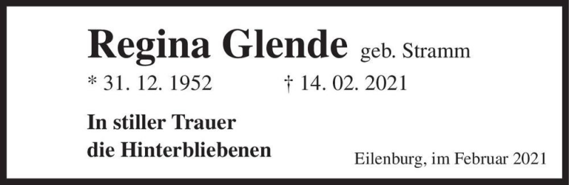  Traueranzeige für Regina Glende (geb. Stramm)  vom 23.02.2021 aus Magdeburger Volksstimme