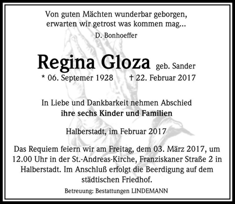 Traueranzeige für Regina Gloza (geb. Sander)  vom 25.02.2017 aus Magdeburger Volksstimme
