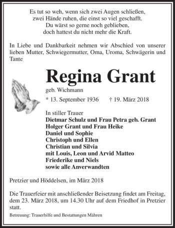 Traueranzeige von Regina Grant (geb. Wichmann)  von Magdeburger Volksstimme