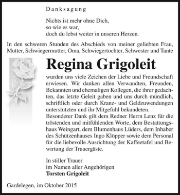 Traueranzeige von Regina Grigoleit  von Magdeburger Volksstimme