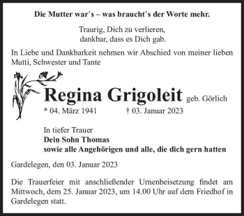 Traueranzeige von Regina Grigoleit (geb. Görlich)  von Magdeburger Volksstimme