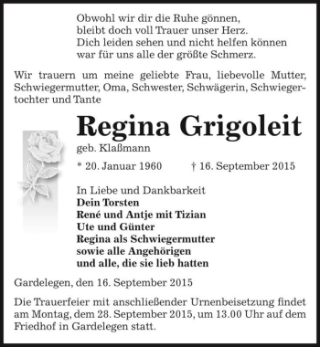 Traueranzeige von Regina Grigoleit (geb. Klaßmann)  von Magdeburger Volksstimme