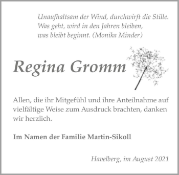 Traueranzeige von Regina Gromm  von Magdeburger Volksstimme