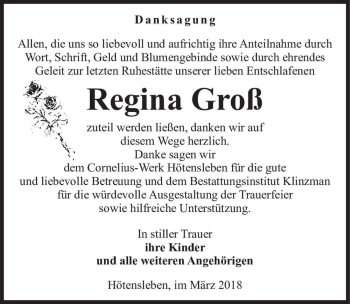 Traueranzeige von Regina Groß  von Magdeburger Volksstimme