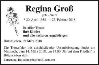 Traueranzeige von Regina Groß (geb. Janura)  von Magdeburger Volksstimme