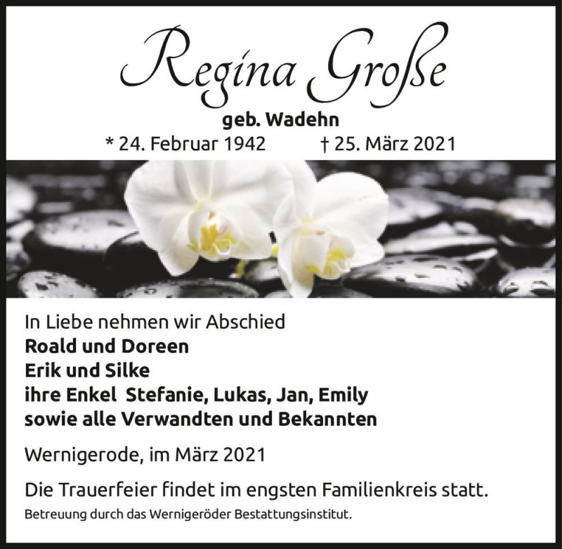  Traueranzeige für Regina Große (geb. Wadehn)  vom 01.04.2021 aus Magdeburger Volksstimme