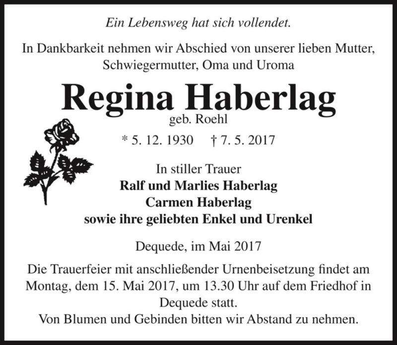  Traueranzeige für Regina Haberlag (geb. Roehl)  vom 10.05.2017 aus Magdeburger Volksstimme