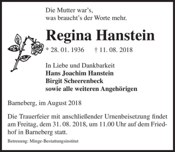 Traueranzeige von Regina Hanstein  von Magdeburger Volksstimme