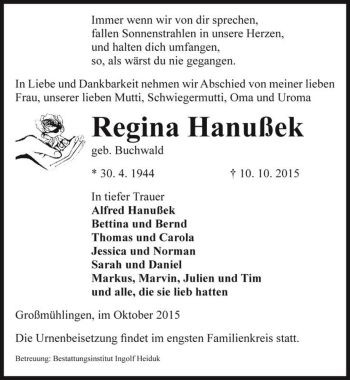 Traueranzeige von Regina Hanußek (geb. Buchwald)  von Magdeburger Volksstimme