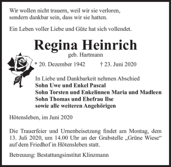 Traueranzeige von Regina Heinrich (geb. Hartman)  von Magdeburger Volksstimme