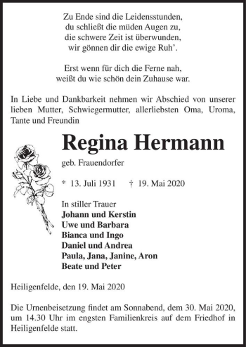 Traueranzeige von Regina Hermann (geb. Frauendorfer)  von Magdeburger Volksstimme