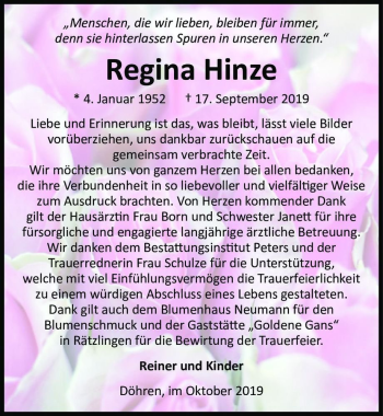 Traueranzeige von Regina Hinze  von Magdeburger Volksstimme