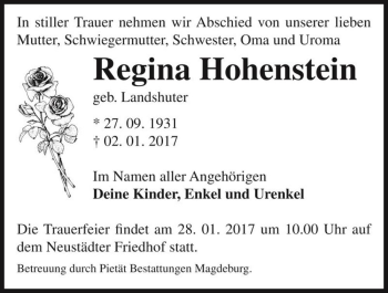 Traueranzeige von Regina Hohenstein (geb. Landshuter)  von Magdeburger Volksstimme