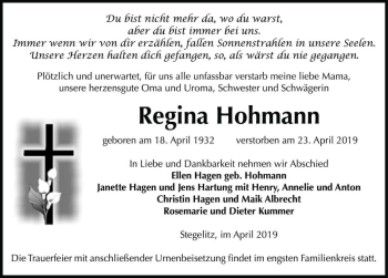 Traueranzeige von Regina Hohmann  von Magdeburger Volksstimme