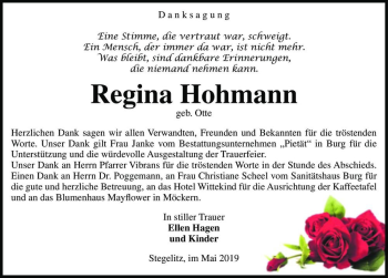 Traueranzeige von Regina Hohmann (geb. Otte)  von Magdeburger Volksstimme