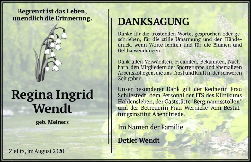  Traueranzeige für Regina Ingrid Wendt (geb. Meiners)  vom 08.08.2020 aus Magdeburger Volksstimme
