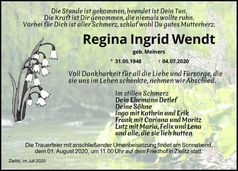  Traueranzeige für Regina Ingrid Wendt (geb. Meiners)  vom 11.07.2020 aus Magdeburger Volksstimme
