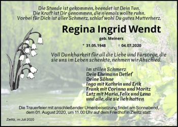 Traueranzeige von Regina Ingrid Wendt (geb. Meiners)  von Magdeburger Volksstimme