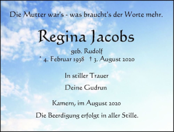 Traueranzeige von Regina Jacobs (geb. Rudolf)  von Magdeburger Volksstimme