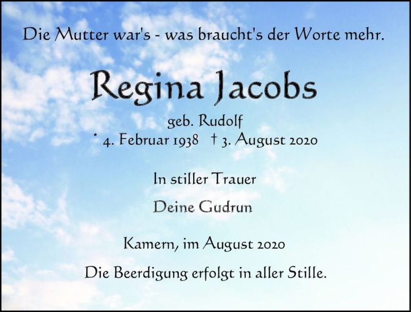  Traueranzeige für Regina Jacobs (geb. Rudolf)  vom 08.08.2020 aus Magdeburger Volksstimme