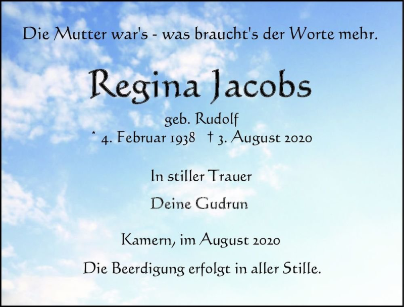 Traueranzeigen von Regina Jacobs (geb. Rudolf) | www.abschied-nehmen.de