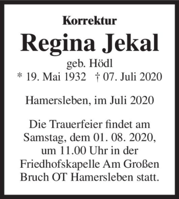 Traueranzeige von Regina Jekal (geb. Hödl)  von Magdeburger Volksstimme